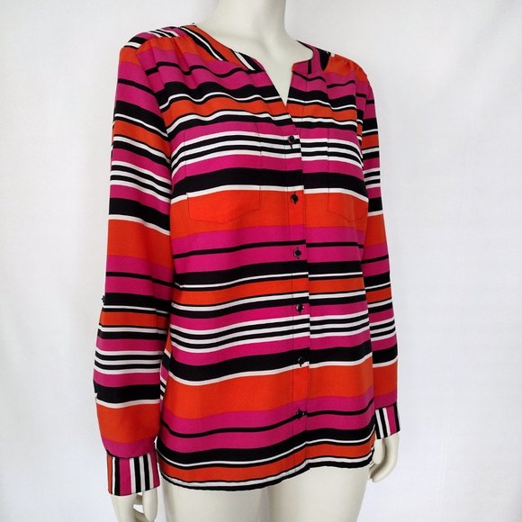 Elementz Vibrant Orange and Pink Stripe Roll Tab Sleeve Blouse - Picture 3 of 13